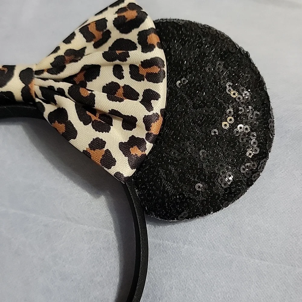 🍎New Leopard Print Bow Black Sequin Mickey & Minnie Mouse Ears Headband Disney